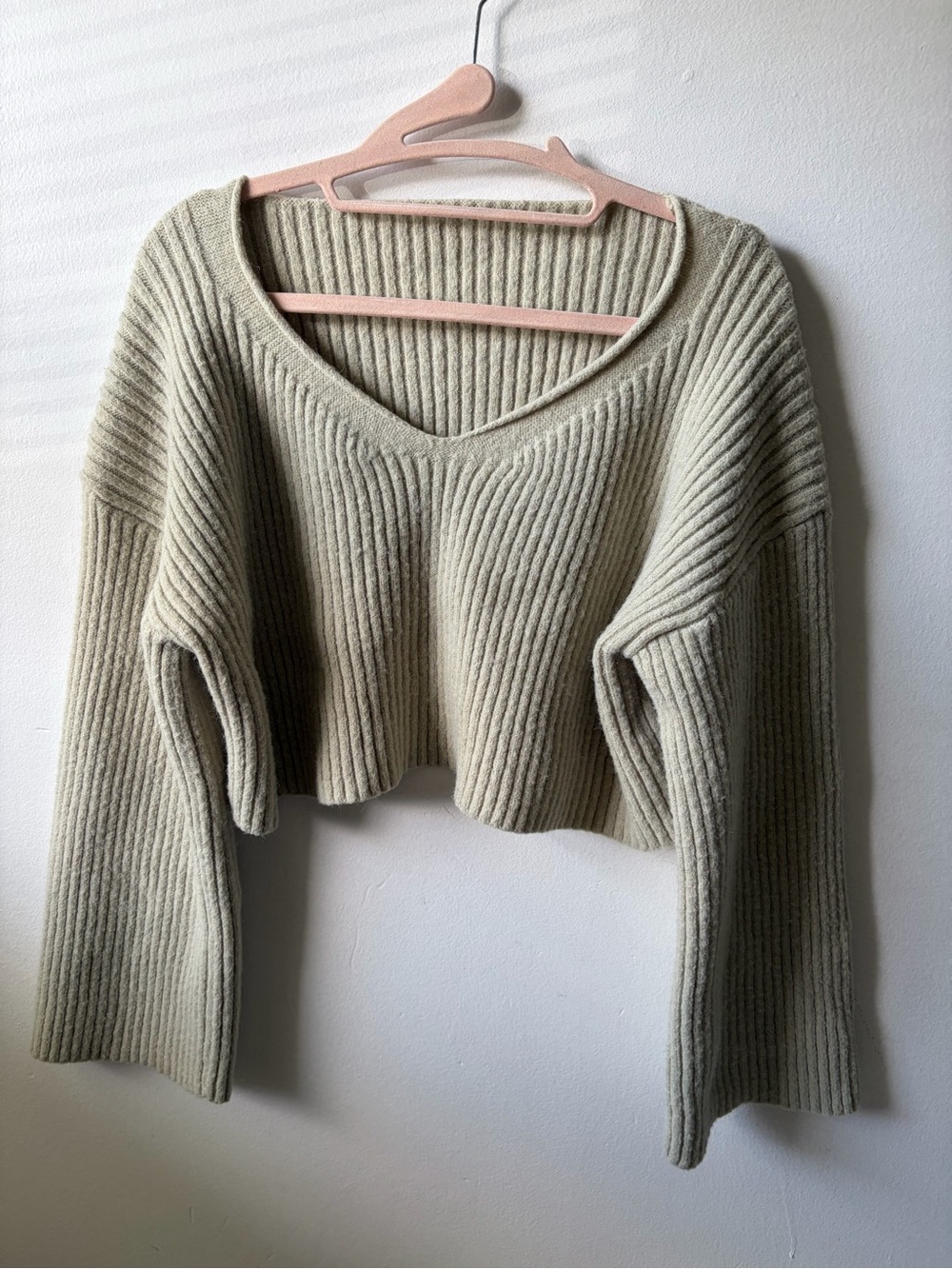 V-Neck Ribbed Crop Sweater in Light Beige